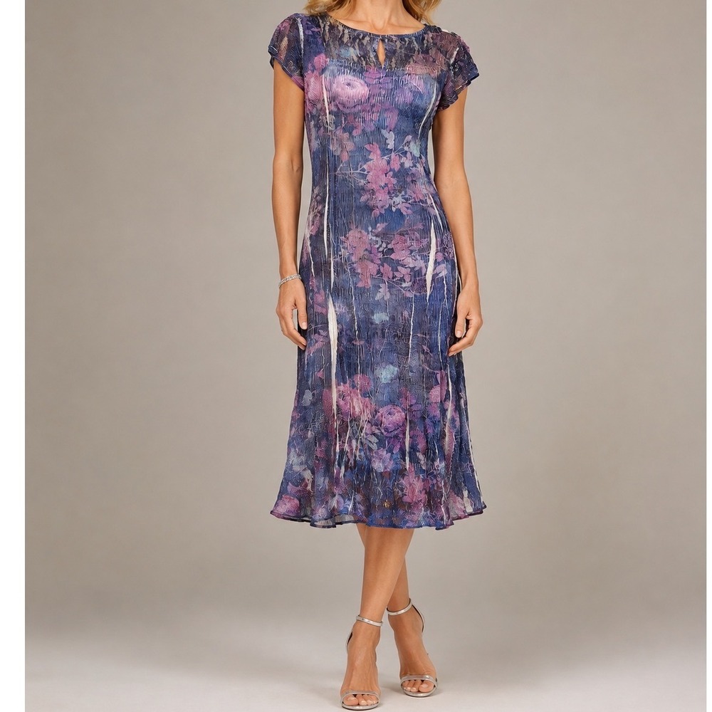 Komarov Dress Blue Purple Floral Pleated Lace Midi Short Sleeve XL